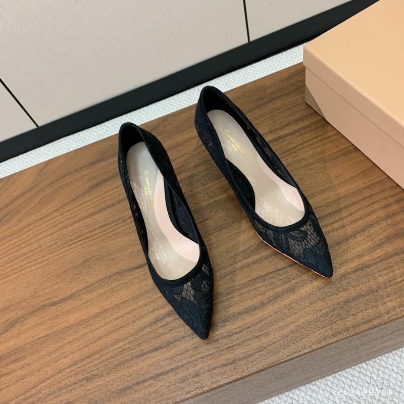 2025 Women Gianvito Rossi Black Lace Leather Pumps KFY00280
