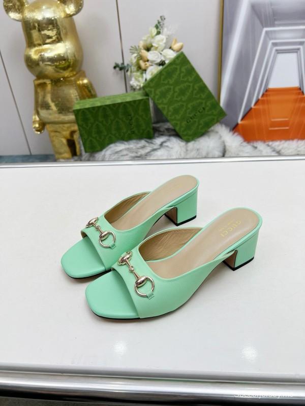 2025 Women Gucci Green Leather Heeled Slippers MJ00180