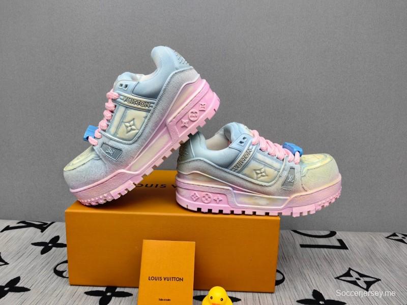 2025 Unisex Louis Vuitton Pink Grey Denim Sneakers KFY00510