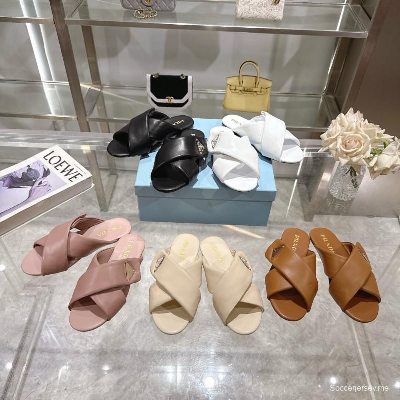 2025 Women Prada Cream Leather Slippers