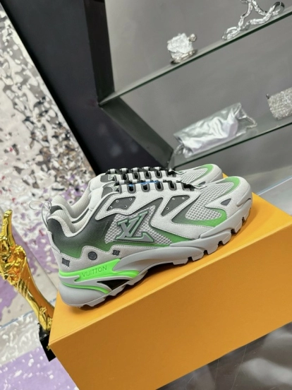 2025 Men Louis Vuitton Green Grey Mesh Leather Sneakers MJ00420