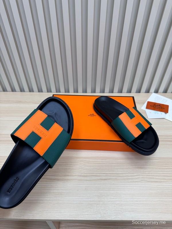 2025 Hermès Green Orange Leather Slippers