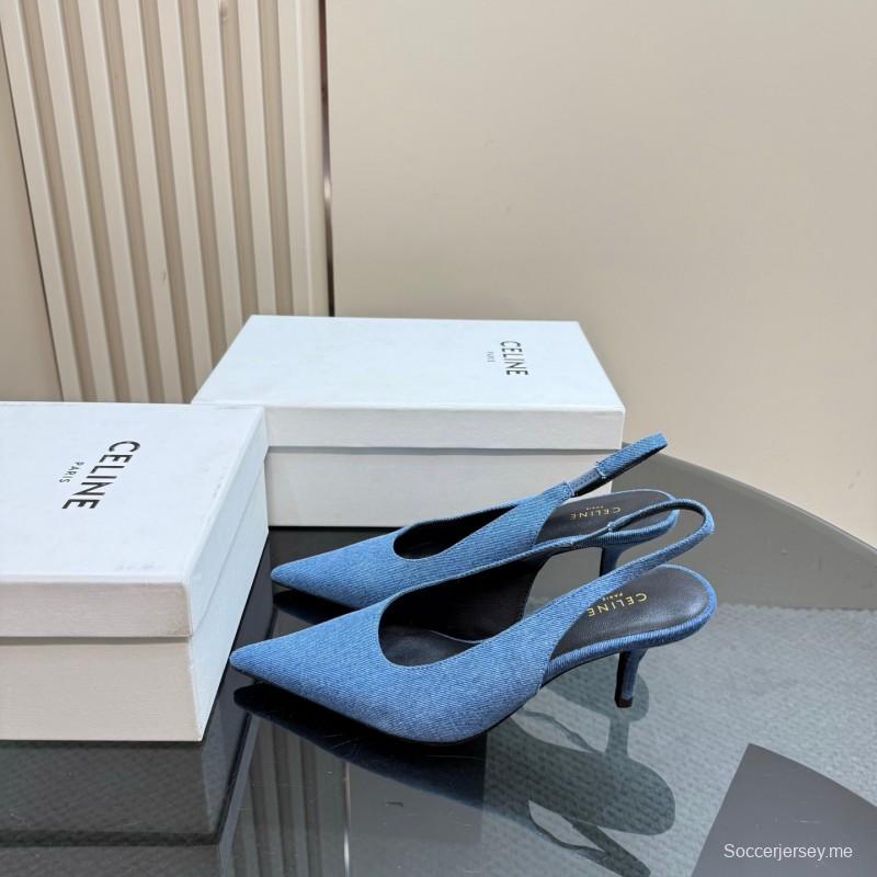 2025 Women CELINE Blue Denim Slingback Heels