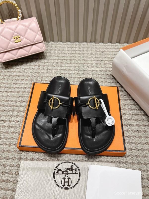2025 Slippers Hermès Black Leather Slippers LY00270