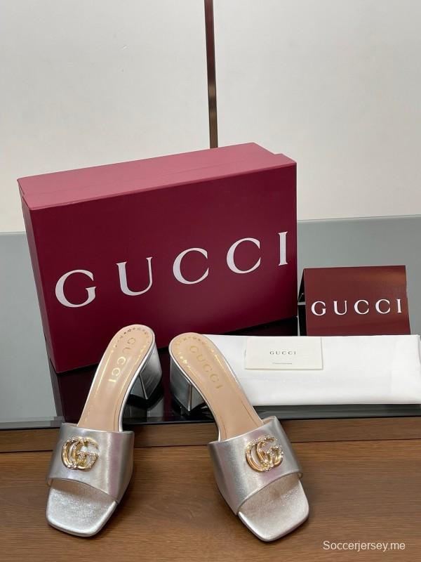 2025 Women Gucci Gold Leather Mules GG Emblem LY00280