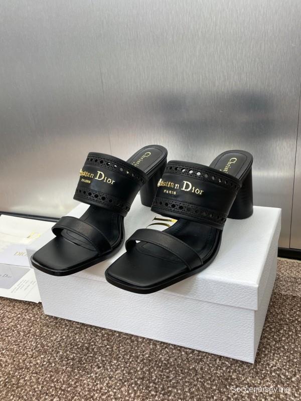 2024 Women Dior Black Leather Slide Sandals