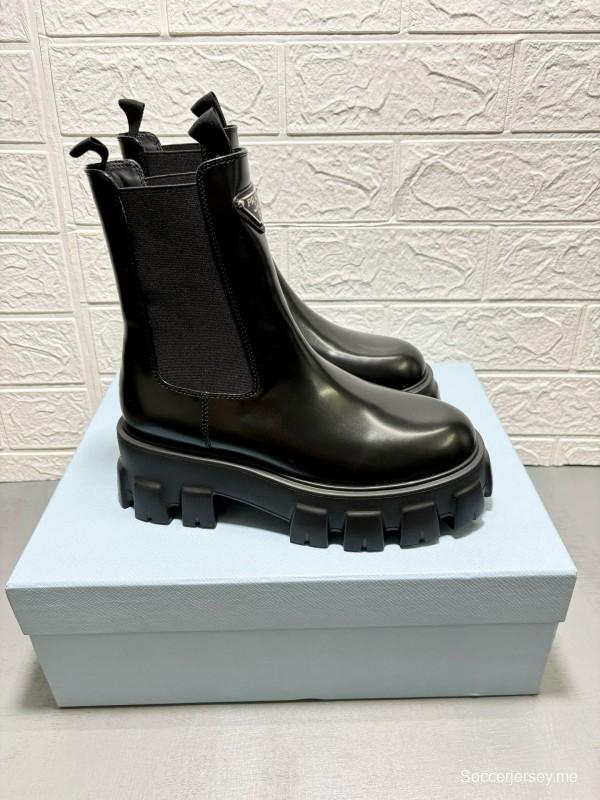2024 Women Prada Black Leather Chelsea Boots MJ00380