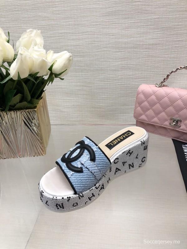 2025 Women Chanel Blue Denim Canvas Slippers LY00320
