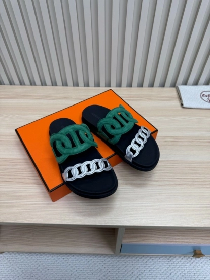 2025 Slippers Hermès Green Black Suede Leather Slippers