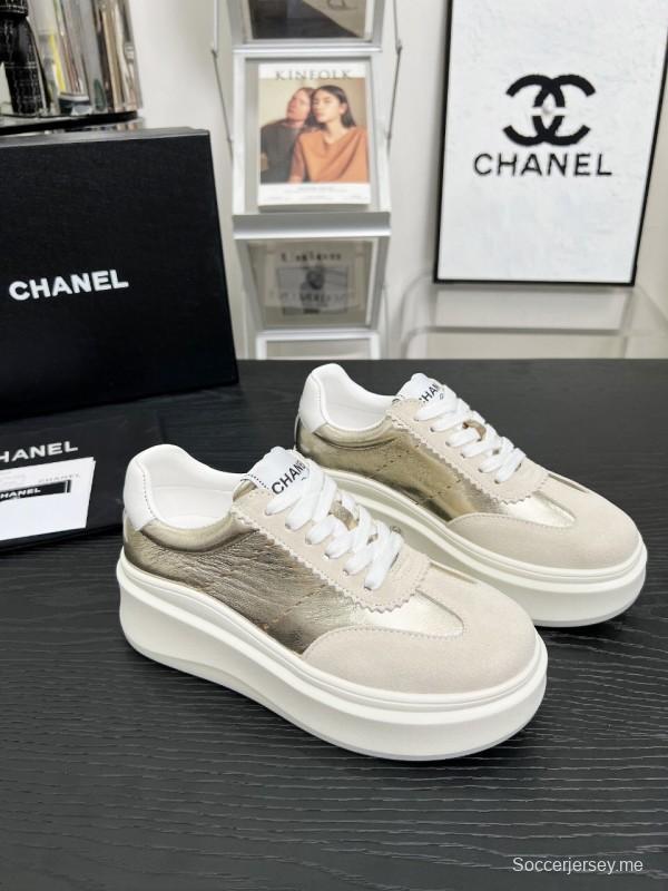 2025 Women Chanel Beige Gold Leather Suede Sneakers LY00290