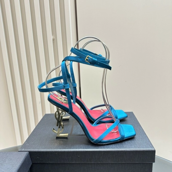 2025 Women Yves Saint Laurent Blue Satin Heeled Sandals MJ00290