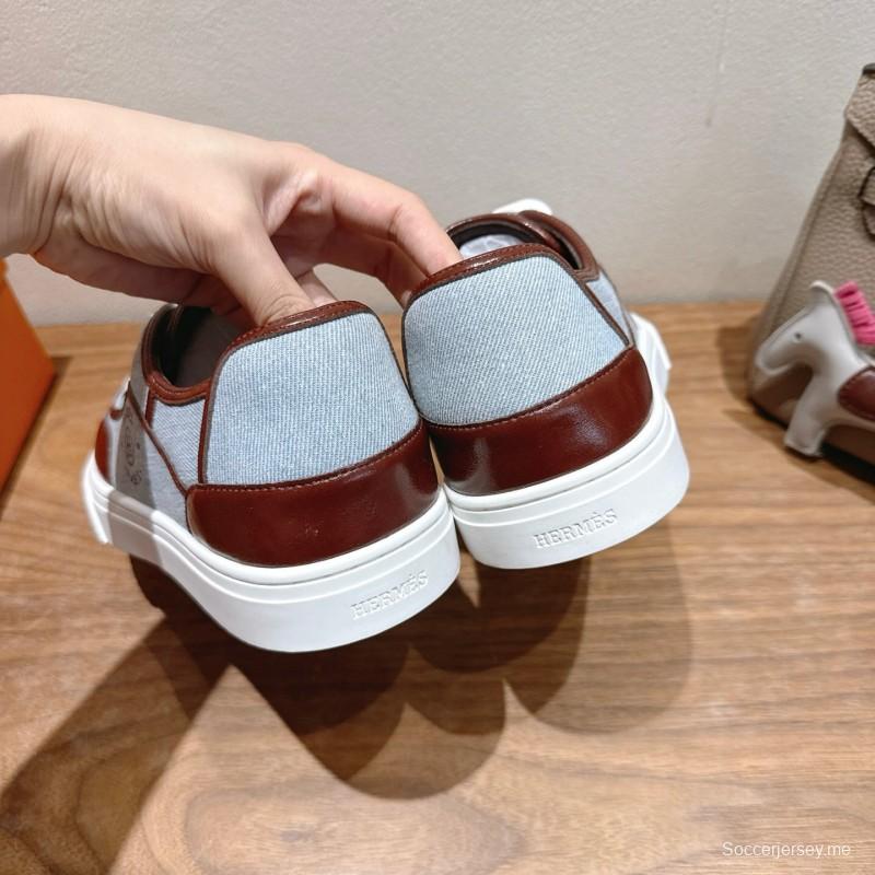 2025 Unisex H Brown Blue Leather Knit Sneakers AS00380