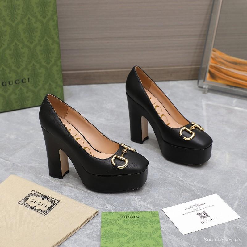 2025 Women Gucci Black Sheep Leather Platform Pumps KFY00320