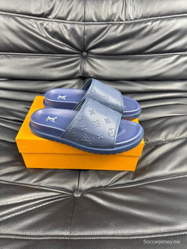 2025 Men Louis Vuitton Blue Leather Slippers AS00170