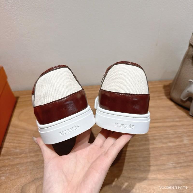 2025 Unisex Hermes Brown White Fabric Leather Sneakers AS00380