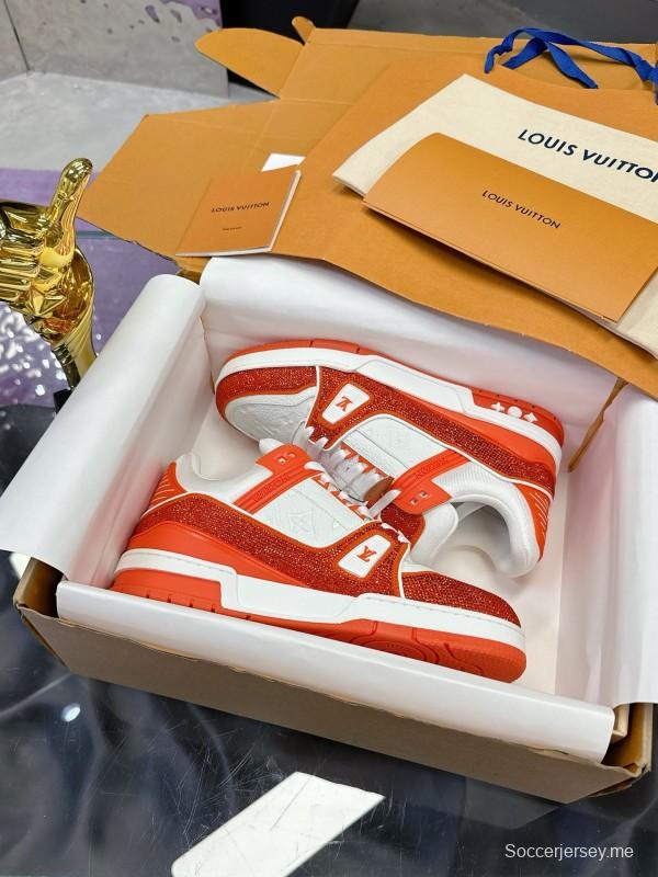 2025 Unisex Louis Vuitton Orange White Leather Plimsolls Handcrafted Rhinestones AS00400