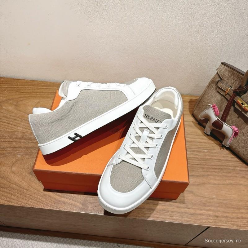 2025 Unisex Hermès White Light Grey Leather Fabric Sneakers AS00380