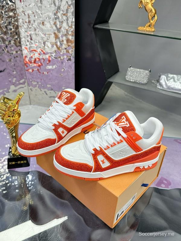 2025 Unisex Louis Vuitton Orange White Leather Plimsolls Handcrafted Rhinestones AS00400