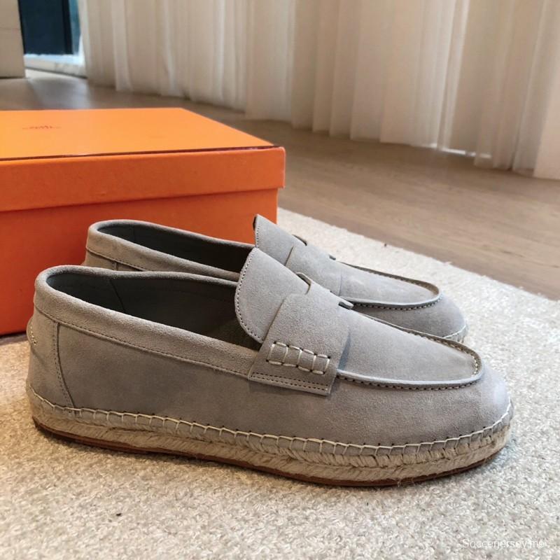 2025 Unisex Hermès Light Grey Calfskin Suede Loafers AS00380