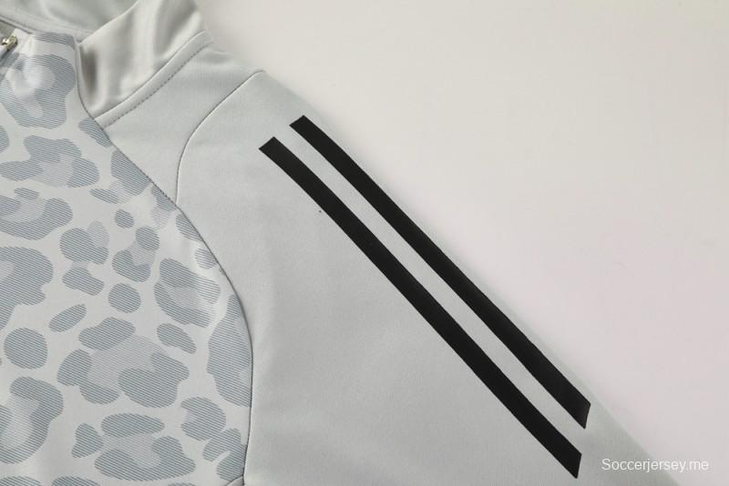 2025 Adidas Light Grey & Black with Leopard Print Pattern Half Zipper Jacket +Long Pants
