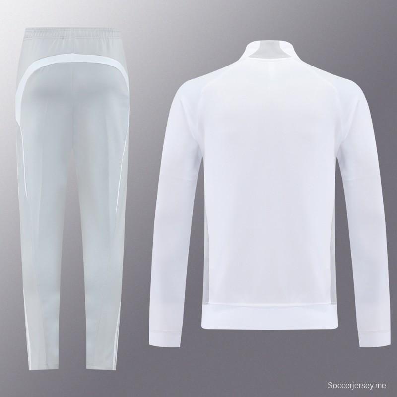 25/26 ريال مدريد جاكيت بسحاب كامل رمادي/أبيض + بنطلون طويل