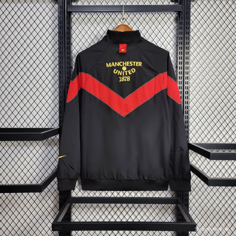 25/26 جاكيت مانشستر يونايتد أسود/سترة واقية من الرياح أحمر/أسود