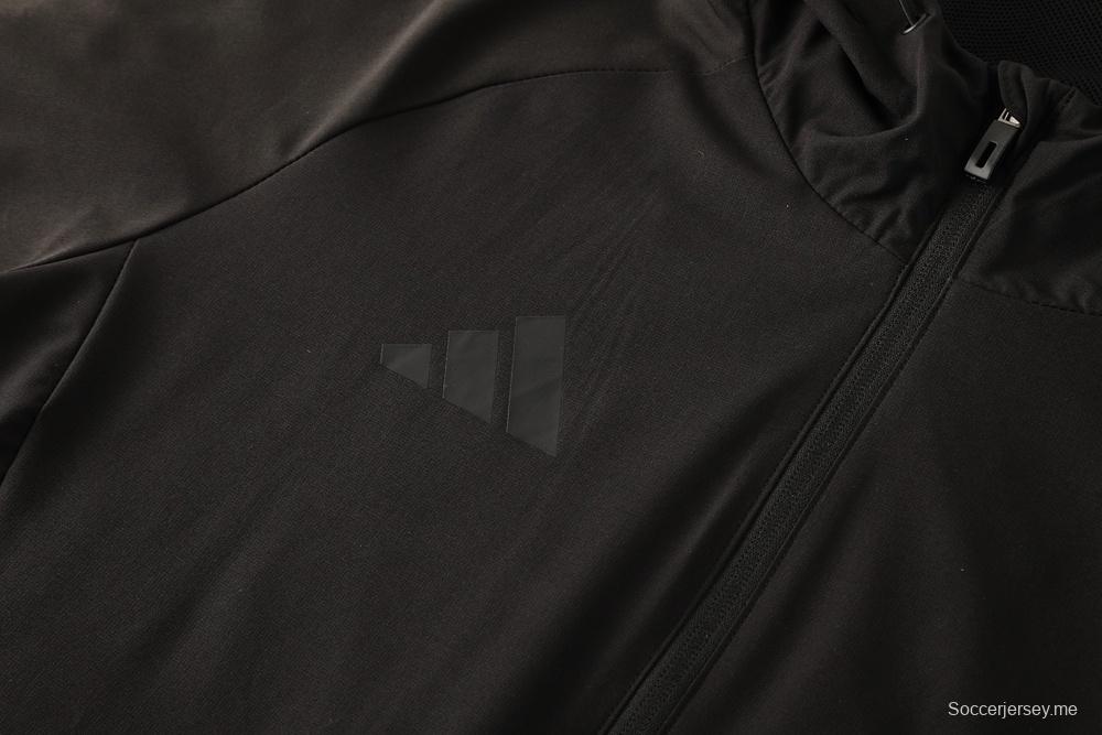 25/26 أديداس جاكيت هودي أسود كامل بسحاب + بنطلون طويل