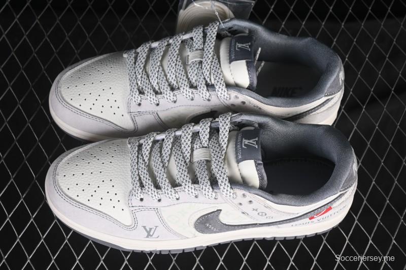 حذاء تزلج نايك SB Dunk Dunk Low LV Collaboration باللون الرمادي والأبيض المزدوج Swoosh الذكرى السنوية الراقية ذات القمة المنخفضة المخصصة - CX5050-Y20