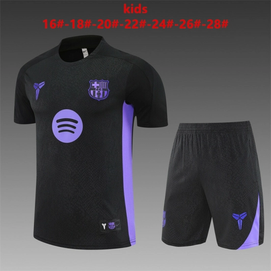 25/26 Kids Barcelona Black Joint Edition Short Sleeve+Soccer Shorts