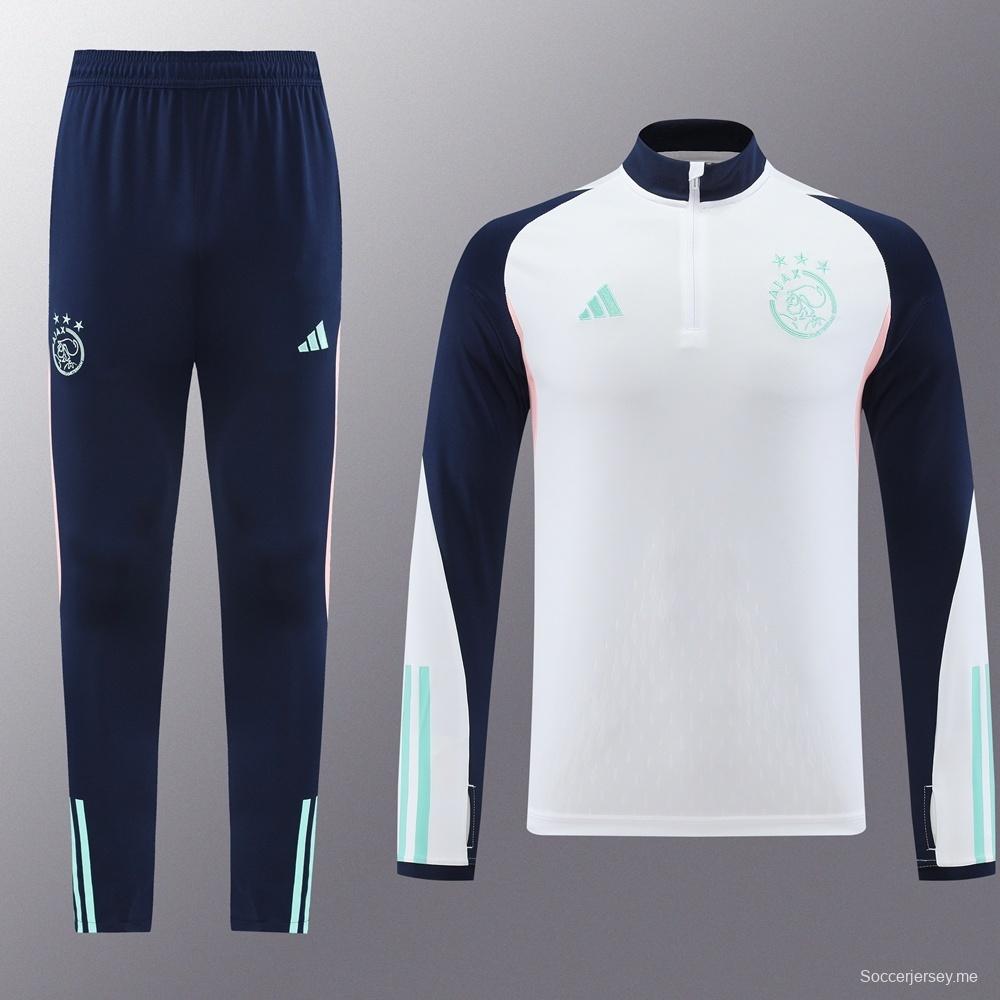 23/24 أجاكس أبيض S-2XL سترة نصف سحاب + بنطلون طويل + بنطلون طويل