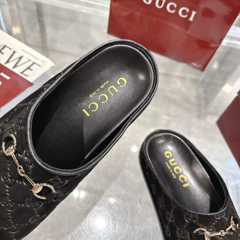 Gucci Camel Suede GG Embossed Horsebit Mule Sandals - LY00240