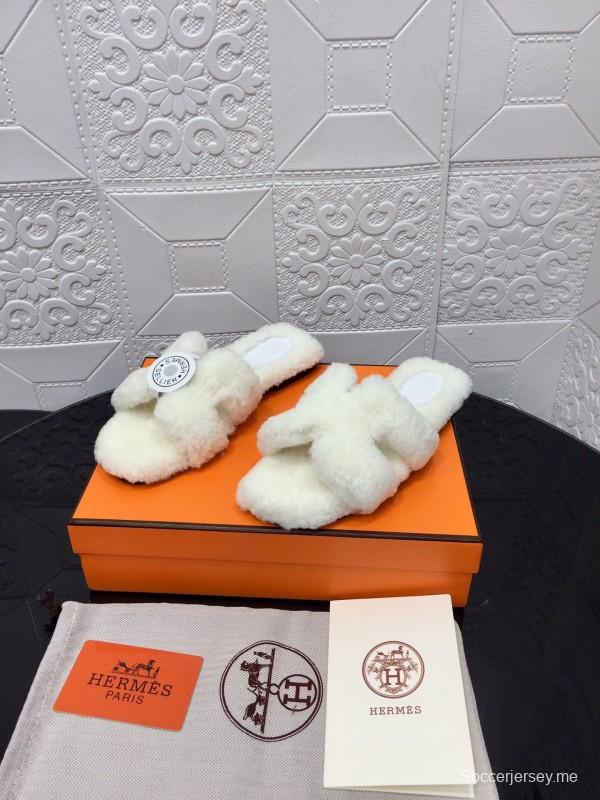 H Teddy Wool H Slippers Flat Sole Fur Slides - LY00240