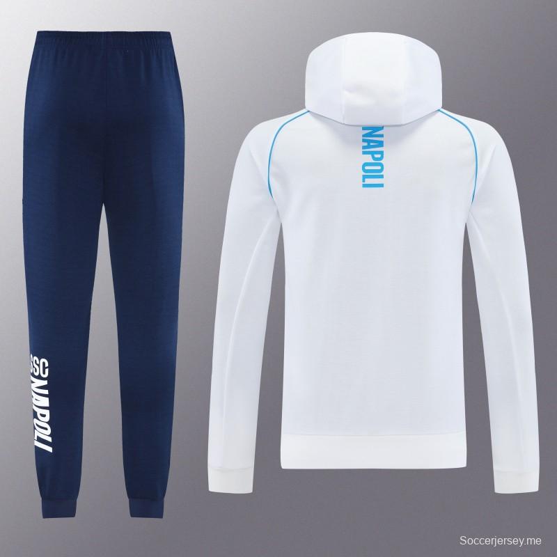 25/26 نابولي جاكيت رياضي أبيض بسحاب كامل + بنطلون طويل + جاكيت أبيض