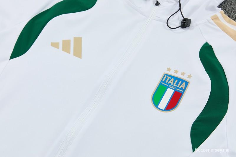 26/27 إيطاليا - طقم رياضي أبيض بغطاء للرأس وسحاب كامل + بنطال طويل