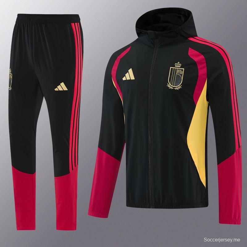 26/27 بلجيكا  طقم رياضي بلون أسود مع سترة بغطاء رأس وسحاب كامل + بنطال طويل