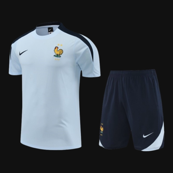 2024 فرنسا 2024 قميص بأكمام قصيرة قطن أزرق فاتح + شورت قطني أزرق فاتح
